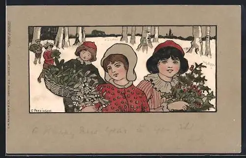 Künstler-AK Ethel Parkinson: Kinder beim Blumen sammeln im Winter