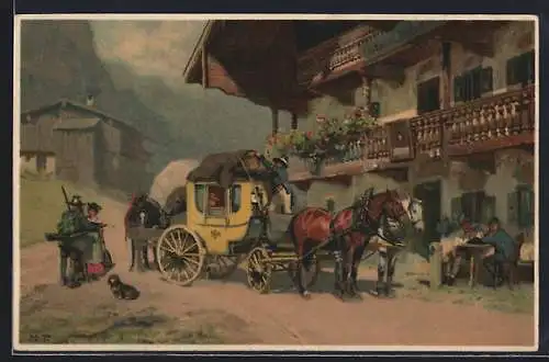 Künstler-AK Ankunft der Postkutsche in den Alpen