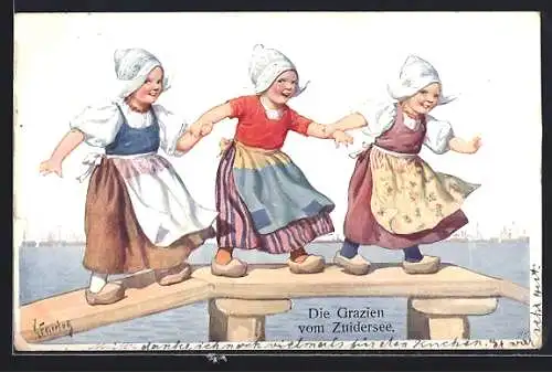 Künstler-AK Karl Feiertag: Drei kleine Holländerinnen auf einem Bootssteg