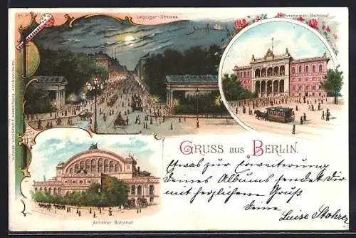 Lithographie Berlin, Anhalter Bahnhof, Potsdamer Bahnhof und Leipziger Strasse, Pferdebahn