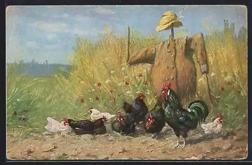 AK Hahn & Hennen sitzen vor einer Vogelscheuche