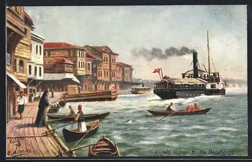 Künstler-AK Constantinople, Roumeli Hissar, View on the Bosphorus, Dampfer