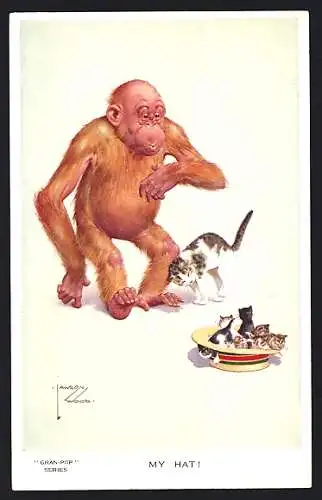 Künstler-AK Lawson Wood: Affe entdeckt Katzenwelpen in seinem Hut