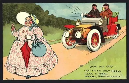 Künstler-AK Tom Browne: Deaf old Lady..., Taube Greisin und heranbrausendes Auto, Scherz