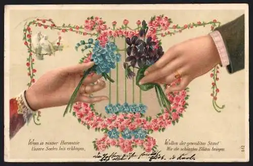 Präge-AK Blumenharfe und Hände eines Paares mit Sträusschen
