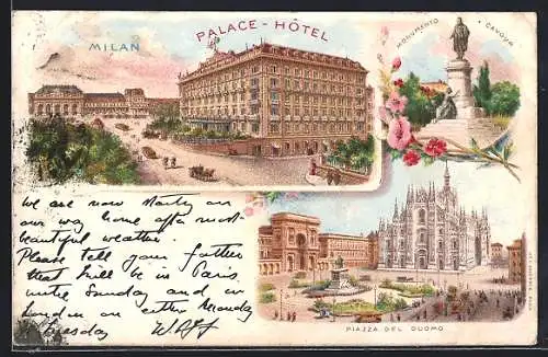 Lithographie Milan, Palace Hotel, Monumento Cavour, Piazza del Duomo, Strassenbahn