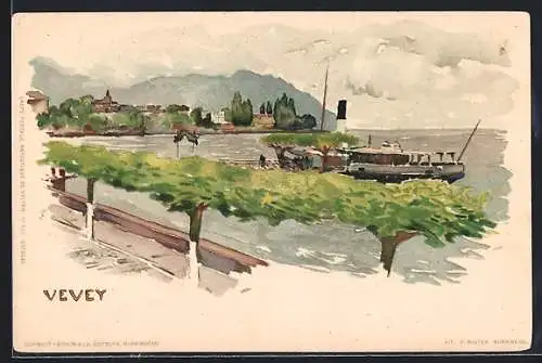 Künstler-AK Fritz Voellmy: Vevey, Dampfer vor der Ortschaft