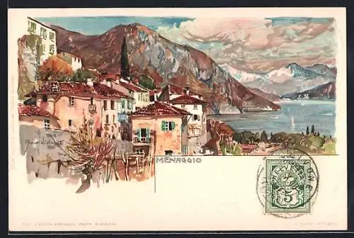Künstler-Lithographie Manuel Wielandt: Menaggio, Ortspartie mit Gebirgspanorama