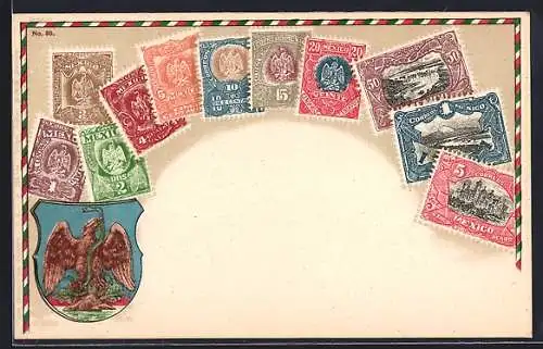 Lithographie Mexiko, Briefmarken und Wappen