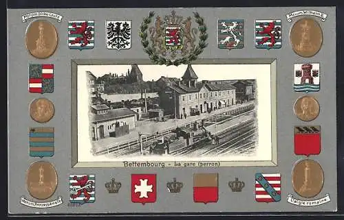 AK Bettembourg, La gare Gleisseite, Wappen und Monumente