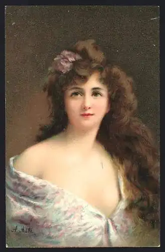 Künstler-AK A. Asti: Portrait einer jungen Frau mit Blume im Haar
