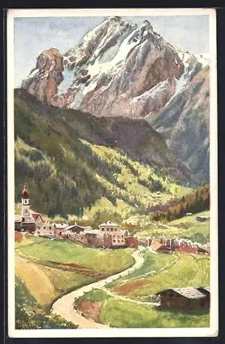 Künstler-AK Gries bei Canazei, Ortsansicht mit Strasse und Marmolata