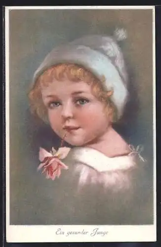 Künstler-AK Elly Frank: Kind mit Rose im Mund