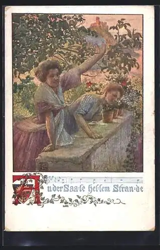 Künstler-AK Karl Friedrich Gsur, Deutscher Schulverein Nr. 1231: zwei Frauen an einer Mauer winken