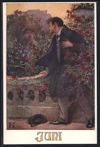 Künstler-AK Karl Friedrich Gsur: Deutscher Schulverein Nr. 1276: Juni - Mann im Mantel mit Liebespaar im Hintergrund