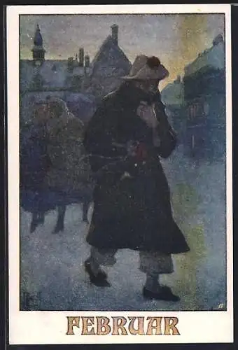Künstler-AK Karl Friedrich Gsur: Deutscher Schulverein Nr. 1272: Februar, Mann im Mantel