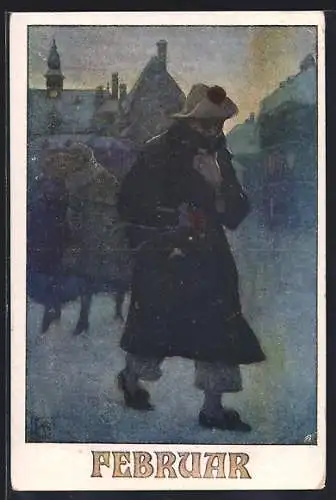 Künstler-AK Karl Friedrich Gsur: Deutscher Schulverein Nr. 1272: Februar, Mann im Mantel