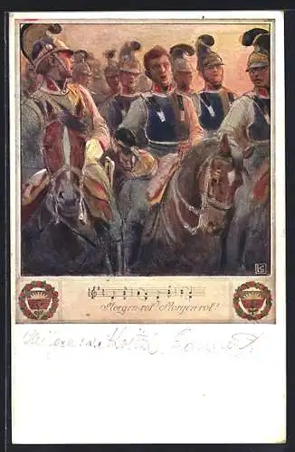 Künstler-AK Karl Friedrich Gsur: Soldaten in Uniformen auf Pferden, Morgenrot, morgenrot