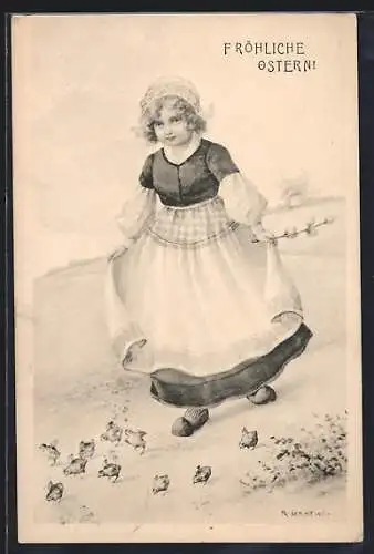 Künstler-AK R. Kratky: Mädchen mit Küken, Fröhliche Ostern