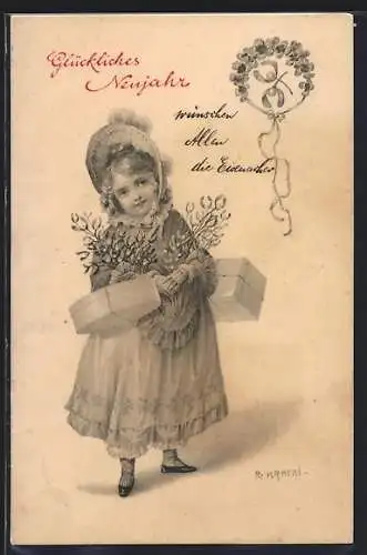 Künstler-AK R. Kratky: Mädchen mit Mistelzweigen, Glückliches Neujahr