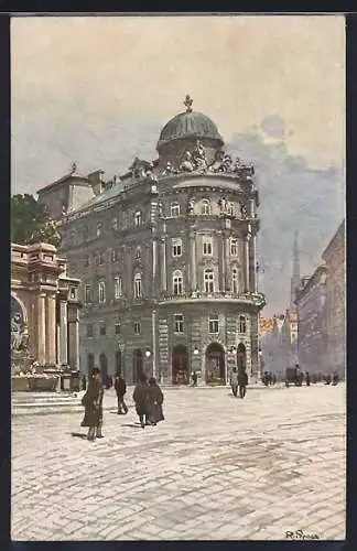 Künstler-AK Brüder Kohn (B.K.W.I) Nr. 104: Rudolf Preuss: Philliphof und Danubiusbrunnen