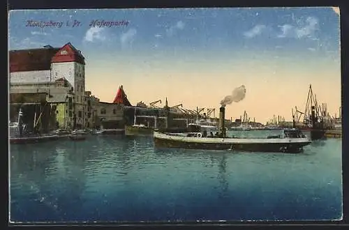 AK Königsberg i Pr., Hafenpartie mit Dampfer