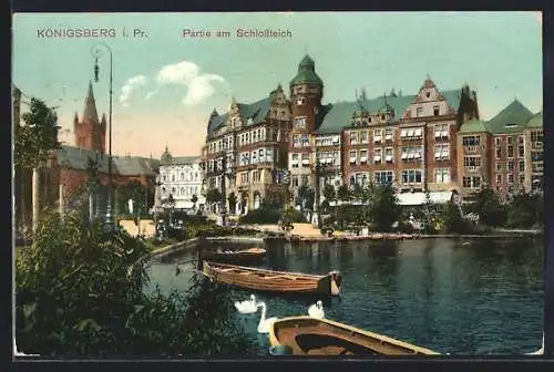 AK Königsberg, Partie am Schlossteich, drei Schwäne