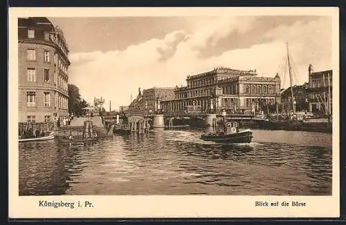 AK Königsberg i. Pr., Blick auf die Börse, kleiner Schleppdampfer