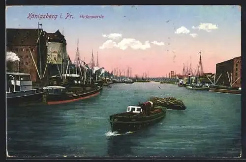 AK Königsberg i. Pr., Hafenpartie mit Fähre und Segelbooten