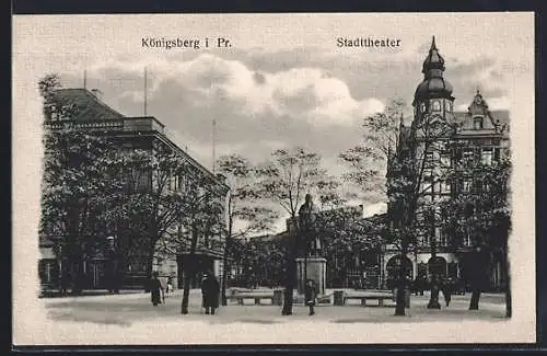 AK Königsberg i. Pr., Partie am Stadttheater mit Denkmal
