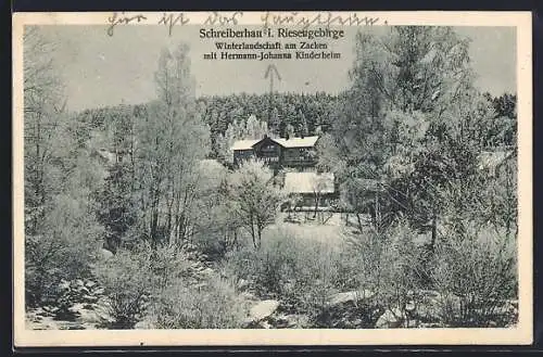 AK Schreiberhau i. Riesengebirge, Winterlandschaft am Zacken mit Hermann-Johanna Kinderheim