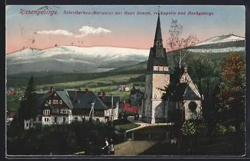 AK Schreiberhau-Mariental, Ortsansicht mit Haus Sunem, Ev. Kapelle und Hochgebirge