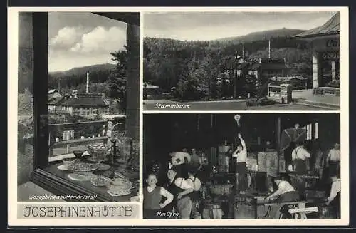 AK Schreiberhau, Josephinenhütte, Stammhaus, Josephinenhütter Kristall, Glasbläser arbeiten am Ofen