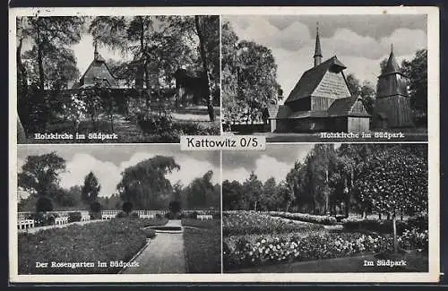 AK Kattowitz, Holzkirche im Südpark, Rosengarten