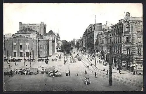 AK Kattowitz, Friedrichstrasse mit Stadttheather