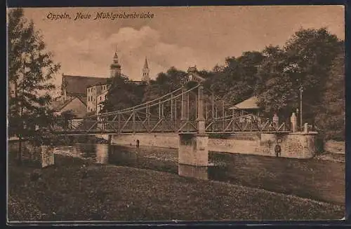 AK Oppeln, Neue Mühlgrabenbrücke vom Flussufer aus