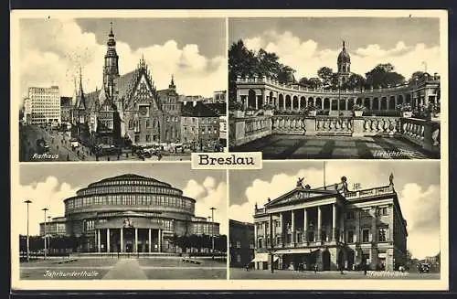 AK Breslau, Jahrhunderthalle, Stadttheater, Rathaus, Liebichshöhe