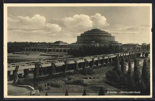 AK Breslau, Panorama der Jahrhunderthalle und Parkanlage