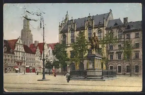 AK Breslau, Strassenpartie am Stadthaus und Denkmal