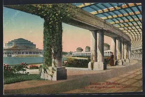 AK Breslau-Scheitnig, Pergola mit Hauptrestaurant und Festhalle