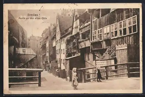 AK Breslau, Partie an der alten Ohle mit Mädchen