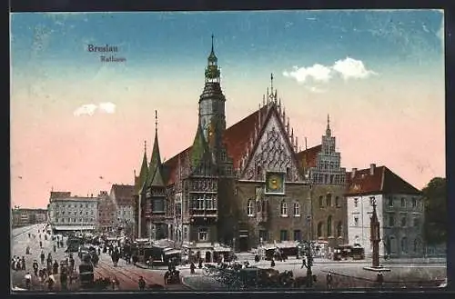 AK Breslau, Rathaus mit Strassenbahn
