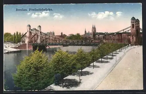 AK Breslau, Uferpartie mit Freiheitsbrücke