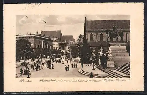 AK Breslau, Schweidnitzerstr. mit Stadttheater und Kaiser Wilhelm Denkmal