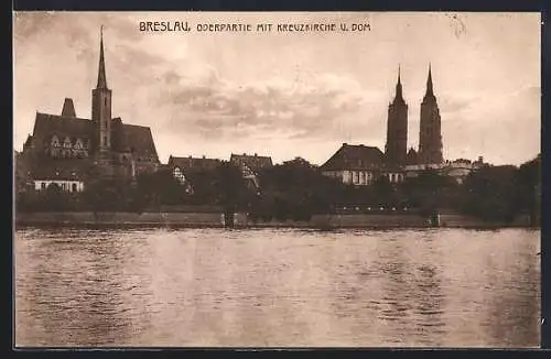 AK Breslau, Oderpartie mit Kreuzkirche und Dom