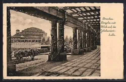 AK Breslau, Pergola mit Blick auf die Jahrhunderthalle