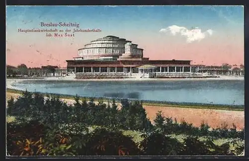 AK Breslau-Scheitnig, Gasthaus an der Jahrhunderhalle, Inh. Max Sust