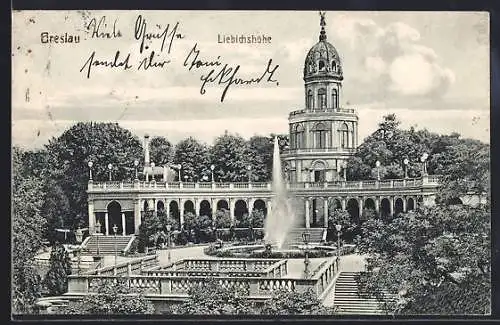 AK Breslau, Liebichhöhe mit Wasserfontäne