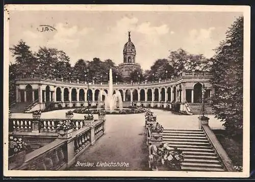 AK Breslau, Liebichshöhe mit Wasserfontäne