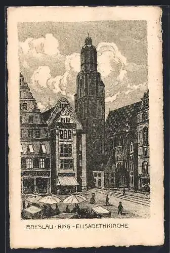 Künstler-AK Breslau, Ring und Elisabethkirche